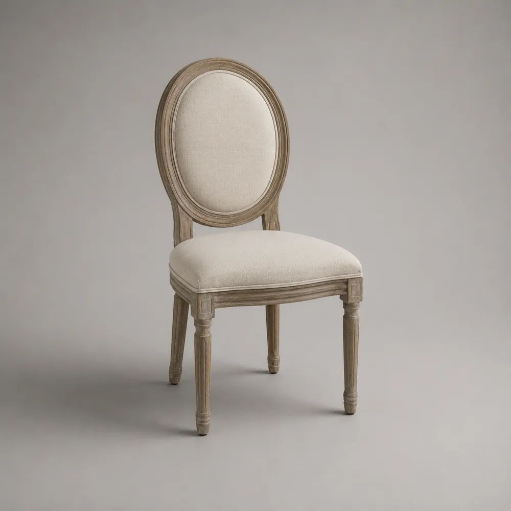 Esszimmerstuhl aus massivem Kautschukholz mit Stoffbezug und ovaler Rückenlehne, Beige/Naturbraun, 50 × 58 × 97 cm
