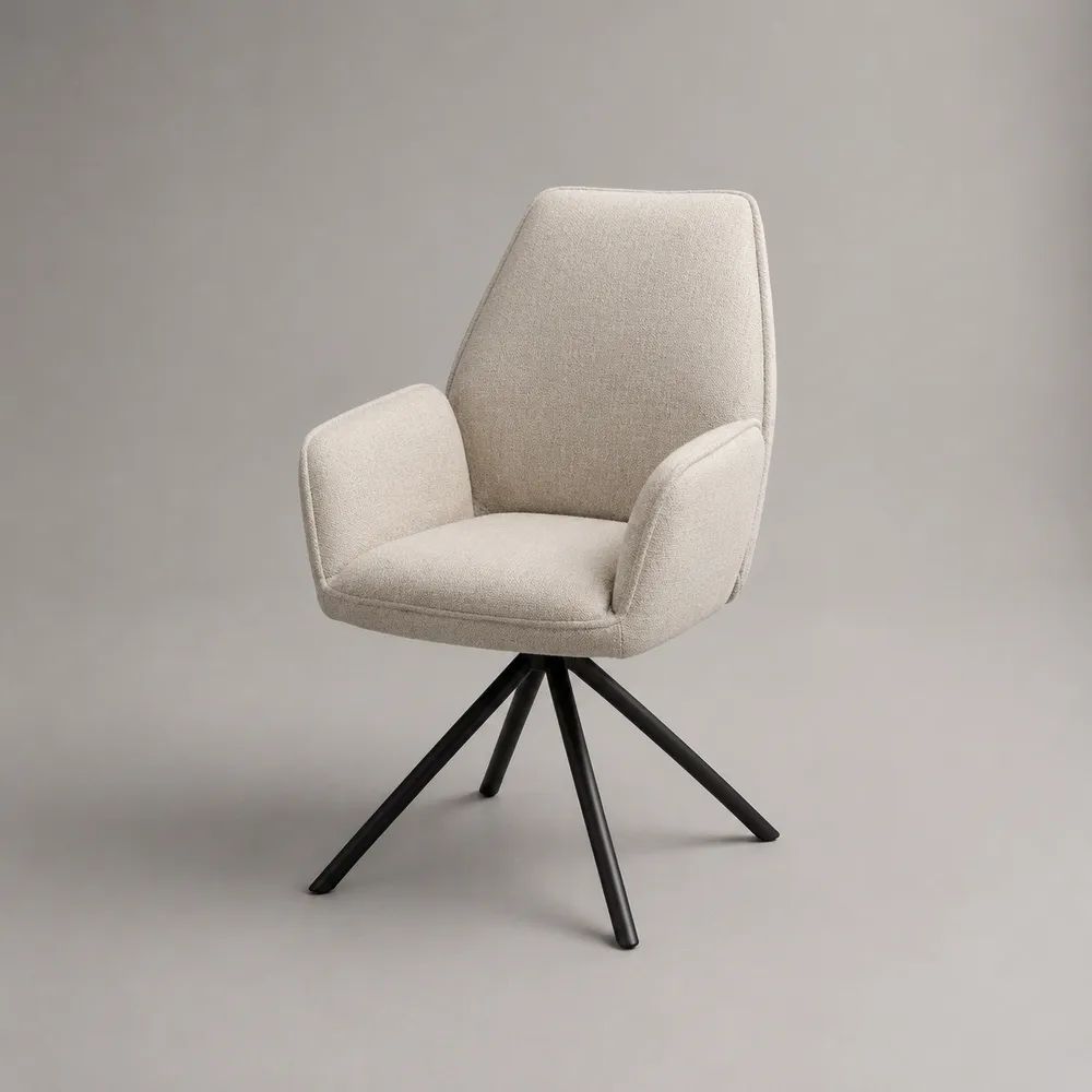 Drehbarer Esszimmerstuhl mit Armlehnen aus Polyester-Bouclé und Stahl, Beige/Schwarz, 60 × 62 × 85 cm