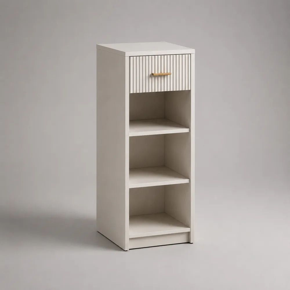 Schmaler Buffetschrank aus MDF und Spanplatte mit Schublade und 3 offenen Fächern, Weiß/Gold, 40 × 35 × 100 cm