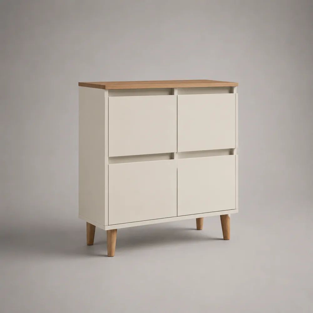 Sideboard mit 4 Türen aus MDF und Spanplatte, Weiß/Eichefarben, 80 x 35 x 100 cm