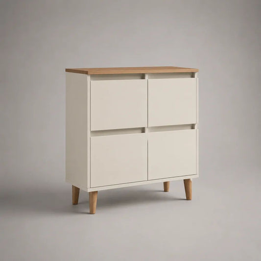 Sideboard mit 4 Türen aus MDF und Spanplatte, Weiß/Eichefarben, 80 x 35 x 100 cm