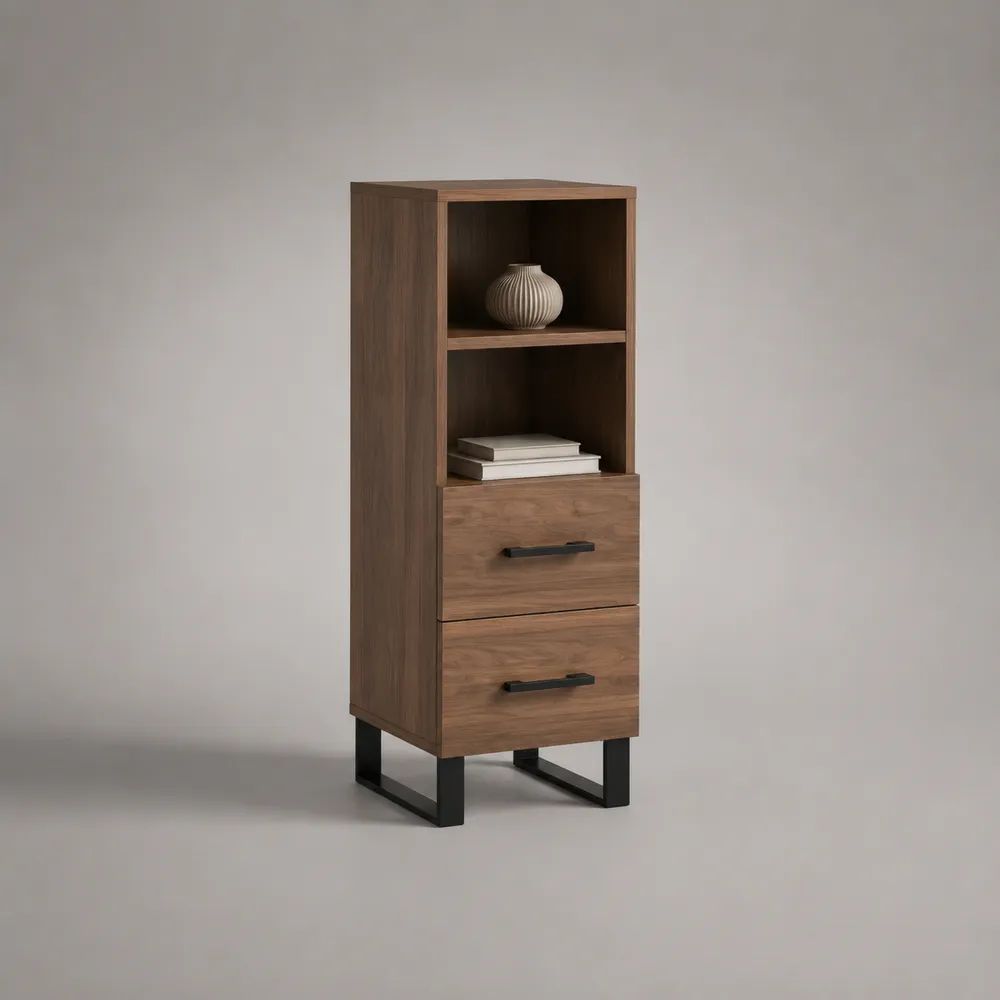 Highboard mit 2 Schubladen und 2 offenen Fächern aus melaminbeschichteter Spanplatte, Walnussbraun/Schwarz, 40 × 35 × 120 cm