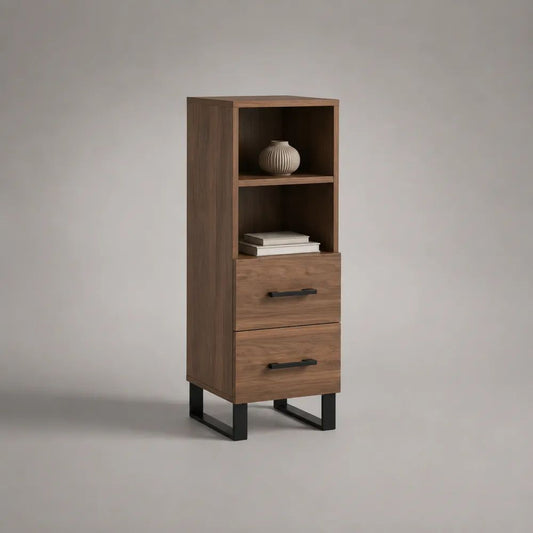 Highboard mit 2 Schubladen und 2 offenen Fächern aus melaminbeschichteter Spanplatte, Walnussbraun/Schwarz, 40 × 35 × 120 cm