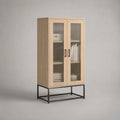 Vitrinenschrank mit 2 Glastüren, MDF-Korpus und Stahlgestell, Natur-Eiche/Schwarz, 80 × 40 × 160 cm