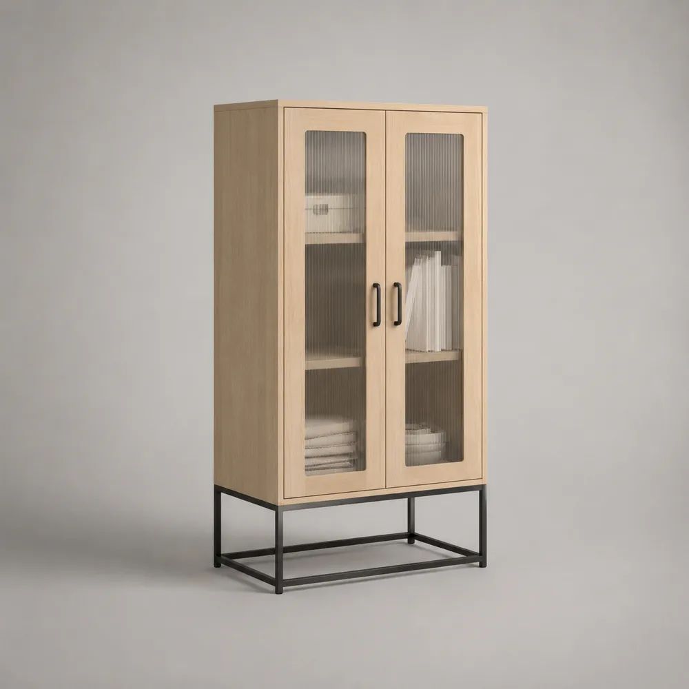 Vitrinenschrank mit 2 Glastüren, MDF-Korpus und Stahlgestell, Natur-Eiche/Schwarz, 80 × 40 × 160 cm