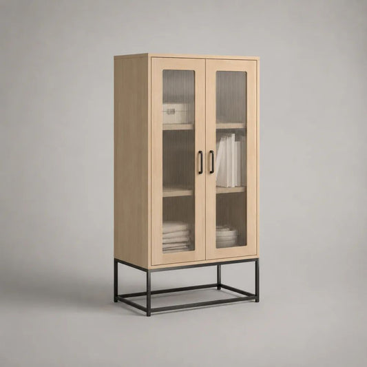 Vitrinenschrank mit 2 Glastüren, MDF-Korpus und Stahlgestell, Natur-Eiche/Schwarz, 80 × 40 × 160 cm