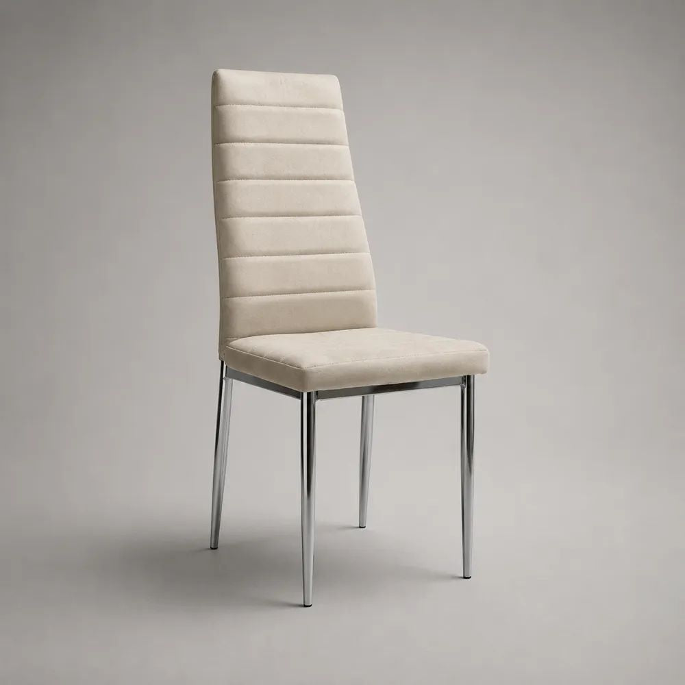 Esszimmerstuhl in Beige/Silber, gepolsterter Hochlehner aus Stoff und verchromtem Stahl, 43 × 56 × 98 cm