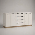 Sideboard Buffetschrank aus melaminbeschichteter Spanplatte mit 4 Türen und 4 Schubladen, Weiß/Eichefarben/Schwarz, 180 × 40 × 85 cm