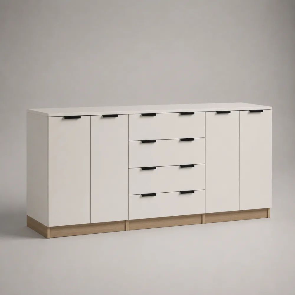 Sideboard Buffetschrank aus melaminbeschichteter Spanplatte mit 4 Türen und 4 Schubladen, Weiß/Eichefarben/Schwarz, 180 × 40 × 85 cm