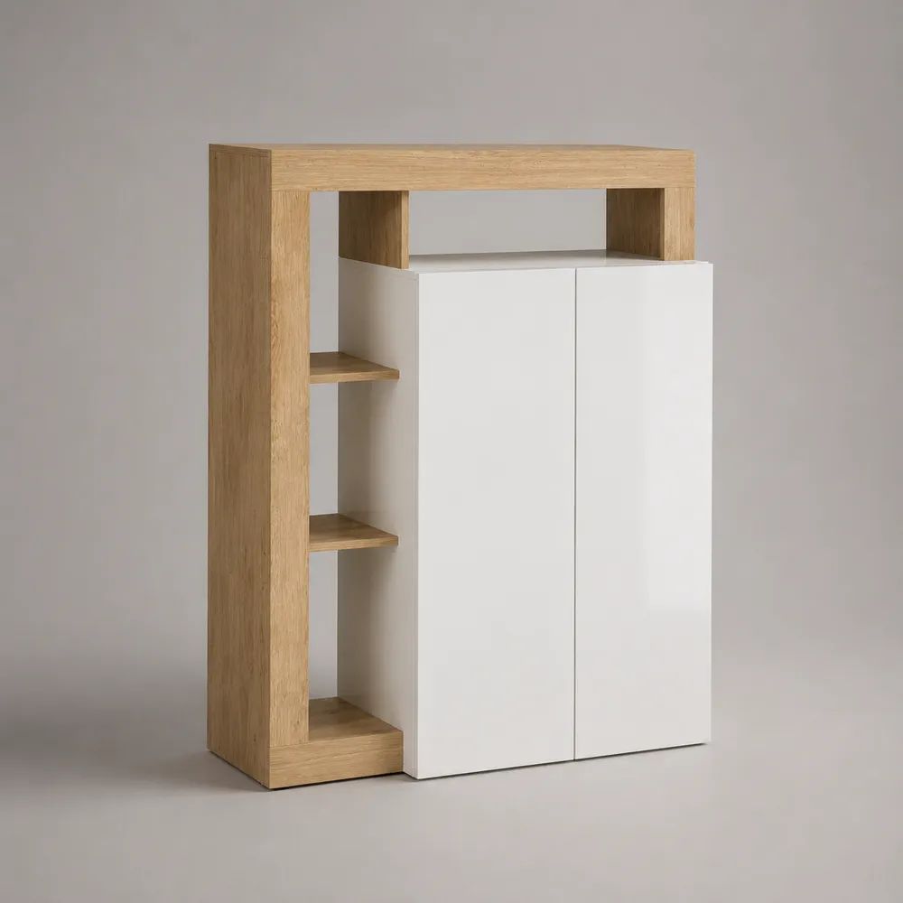 Highboard mit 2 Türen und offenen Fächern aus melaminbeschichteter Spanplatte, Eichefarben/Weiß, 120 × 40 × 145 cm
