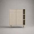 Highboard Sideboard aus MDF mit 4 Türen und 3 offenen Fächern, Cremeweiß/Beige/Messingfarben, 100 × 40 × 120 cm