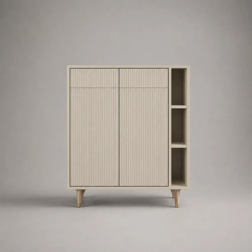 Highboard Sideboard aus MDF mit 4 Türen und 3 offenen Fächern, Cremeweiß/Beige/Messingfarben, 100 × 40 × 120 cm