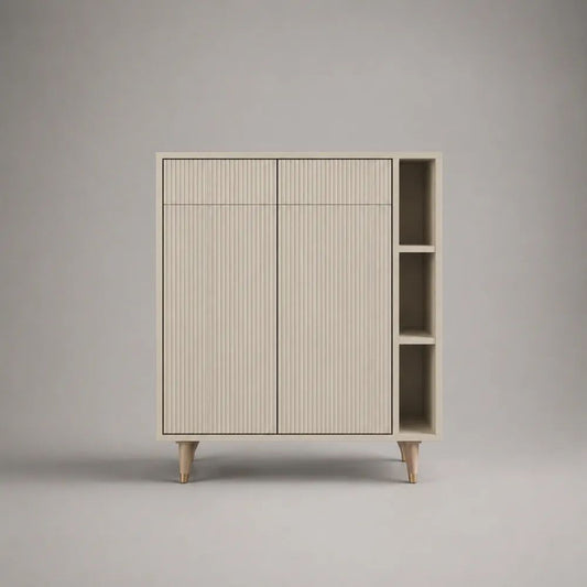 Highboard Sideboard aus MDF mit 4 Türen und 3 offenen Fächern, Cremeweiß/Beige/Messingfarben, 100 × 40 × 120 cm