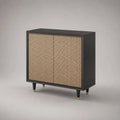 Sideboard mit 2 Türen aus MDF und Rattangeflecht, Schwarz/Natur/Goldfarben, 100 × 40 × 90 cm
