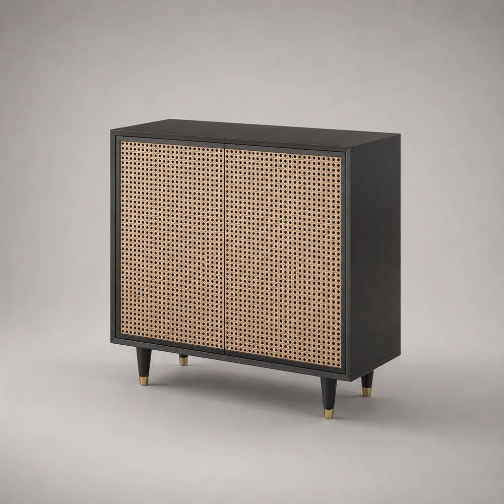 Sideboard mit 2 Türen aus MDF und Rattangeflecht, Schwarz/Natur/Goldfarben, 100 × 40 × 90 cm