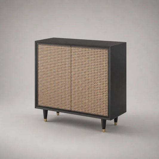 Sideboard mit 2 Türen aus MDF und Rattangeflecht, Schwarz/Natur/Goldfarben, 100 × 40 × 90 cm