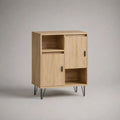 Sideboard mit 2 Türen und 2 offenen Fächern, Eichefarben/Schwarz, 80 x 40 x 110 cm, Spanplatte und Stahl