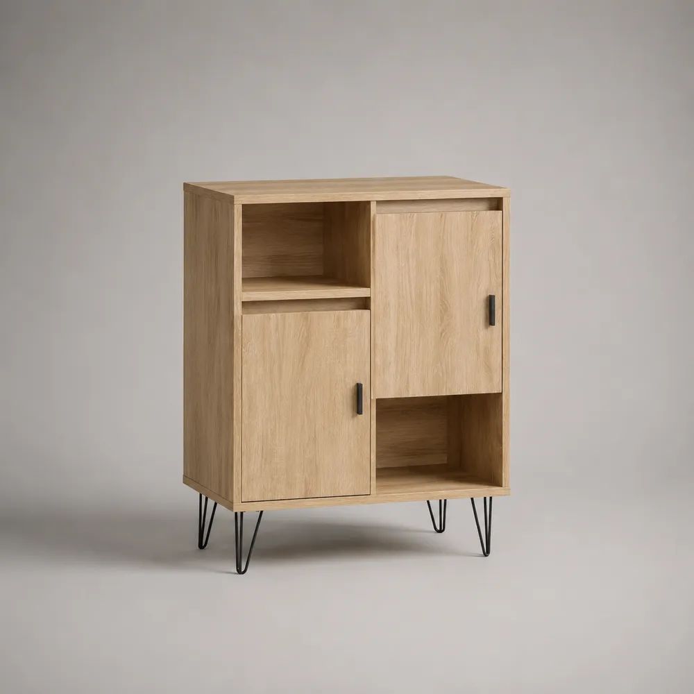 Sideboard mit 2 Türen und 2 offenen Fächern, Eichefarben/Schwarz, 80 x 40 x 110 cm, Spanplatte und Stahl