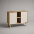 Sideboard mit 2 Türen und 2 offenen Fächern aus Spanplatte und MDF, Eichefarben/Weiß, 100 × 35 × 80 cm
