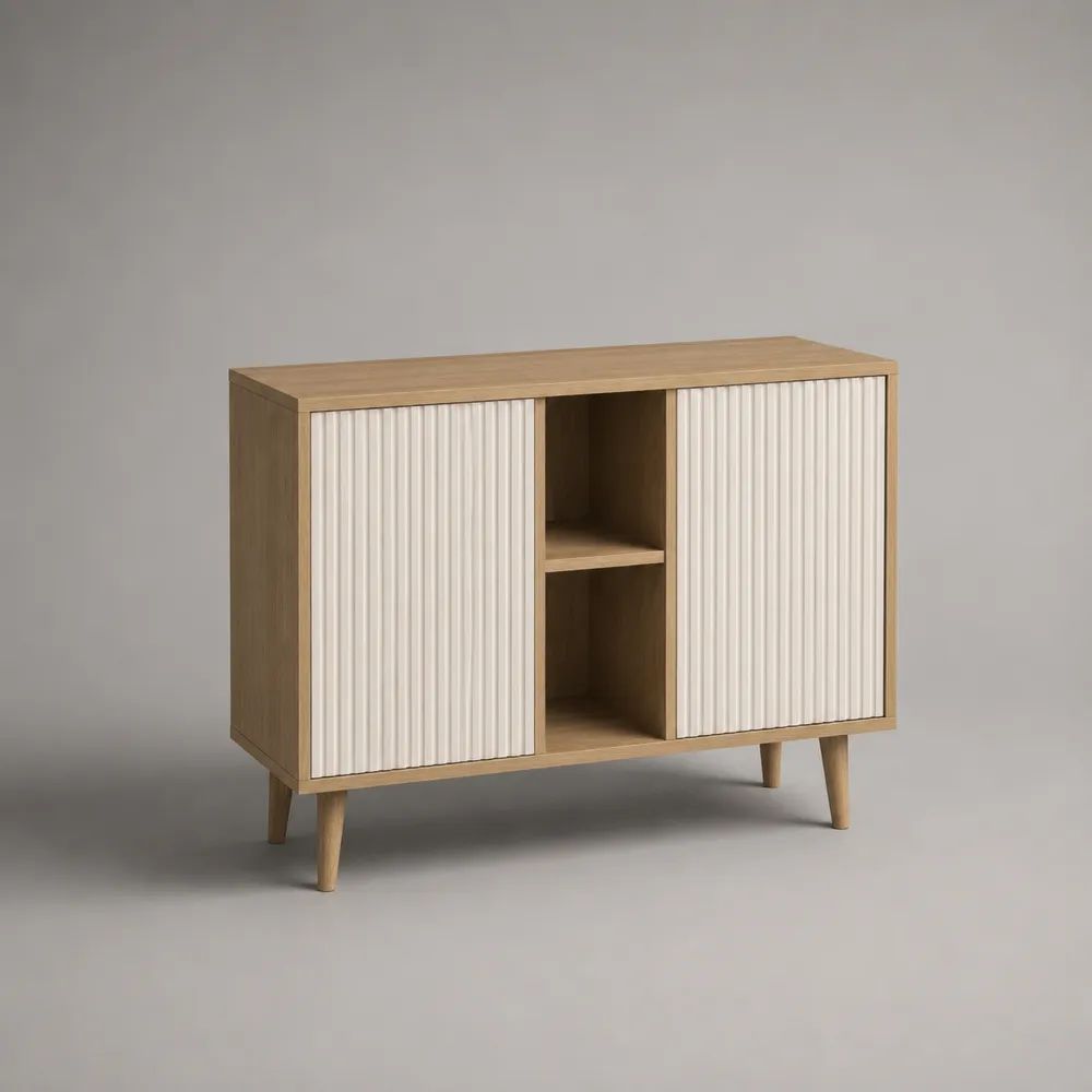 Sideboard mit 2 Türen und 2 offenen Fächern aus Spanplatte und MDF, Eichefarben/Weiß, 100 × 35 × 80 cm