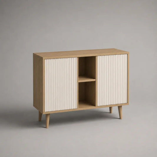 Sideboard mit 2 Türen und 2 offenen Fächern aus Spanplatte und MDF, Eichefarben/Weiß, 100 × 35 × 80 cm