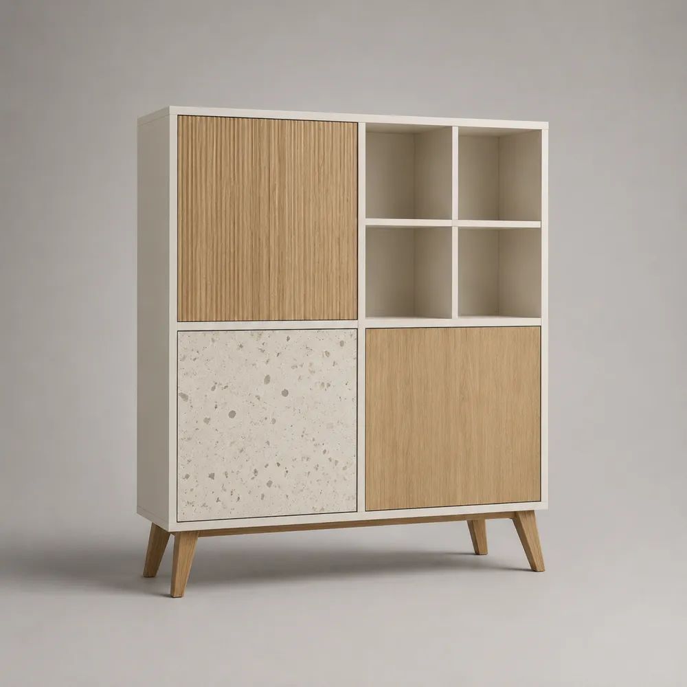 Highboard mit 3 Türen und 4 offenen Fächern aus Spanplatte, MDF und Holz, Weiß/Naturbeige/Hellgrau, 100 × 40 × 130 cm