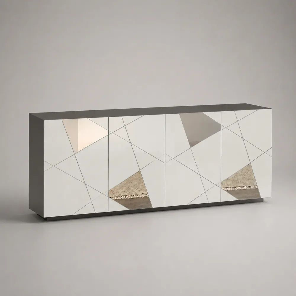 Rechteckiges Sideboard mit 4 Türen aus MDF und Spiegelglas, Anthrazit/Silber/Grau/Messingfarben, 200 × 40 × 80 cm