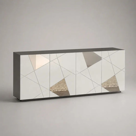 Rechteckiges Sideboard mit 4 Türen aus MDF und Spiegelglas, Anthrazit/Silber/Grau/Messingfarben, 200 × 40 × 80 cm