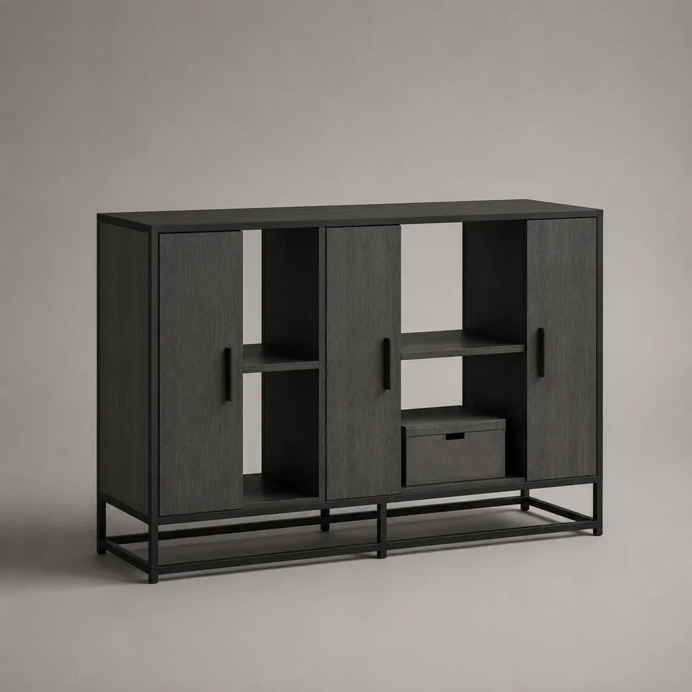 Sideboard mit 3 Türen und 4 offenen Fächern aus melaminbeschichteter Spanplatte und pulverbeschichtetem Stahl, Anthrazit/Schwarz, 150 × 40 × 100 cm