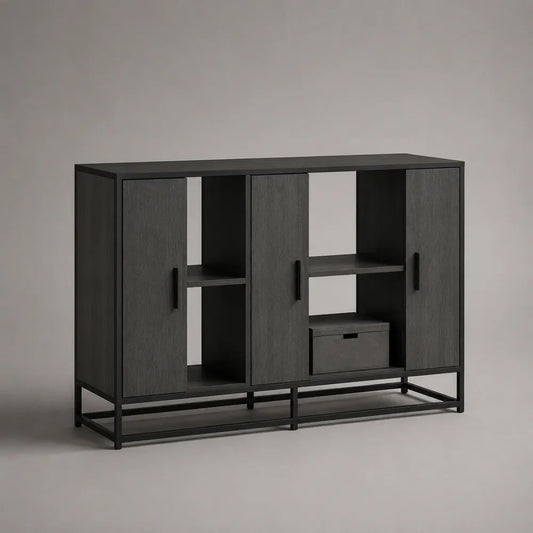 Sideboard mit 3 Türen und 4 offenen Fächern aus melaminbeschichteter Spanplatte und pulverbeschichtetem Stahl, Anthrazit/Schwarz, 150 × 40 × 100 cm