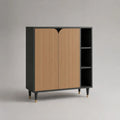 Highboard aus MDF und Stahl mit Lamellenfront, 2 Türen und 3 offenen Fächern, Schwarz/Eichenoptik/Messingfarben, 100 × 40 × 110 cm