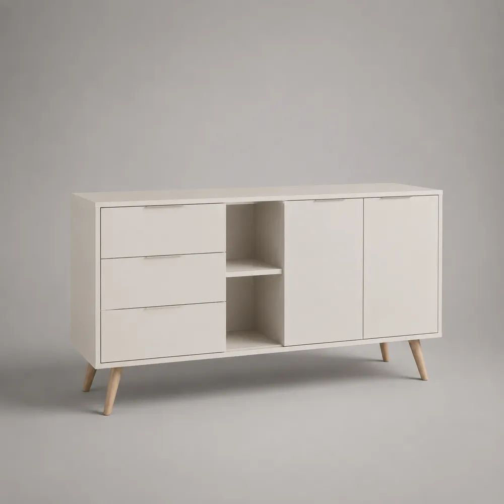 Sideboard aus Spanplatte und massivem Kiefernholz mit 3 Schubladen, 2 Türen und 2 offenen Fächern, Weiß/Natur, 140 × 40 × 80 cm