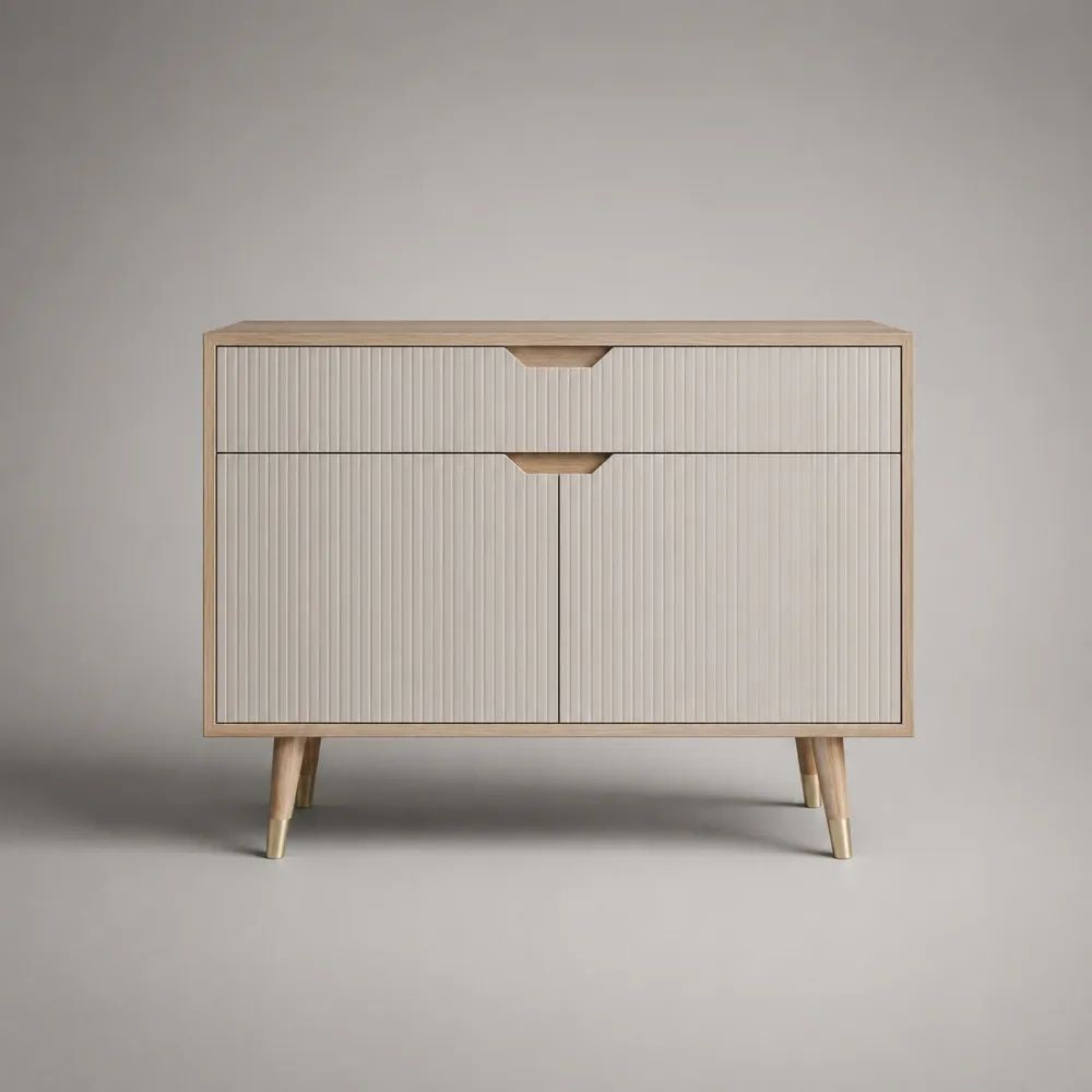 Sideboard aus MDF mit 2 Schubladen und 2 Türen, Cremeweiß/Natur/Goldfarben, 110 × 40 × 85 cm