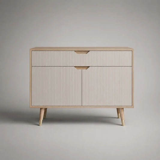 Sideboard aus MDF mit 2 Schubladen und 2 Türen, Cremeweiß/Natur/Goldfarben, 110 × 40 × 85 cm