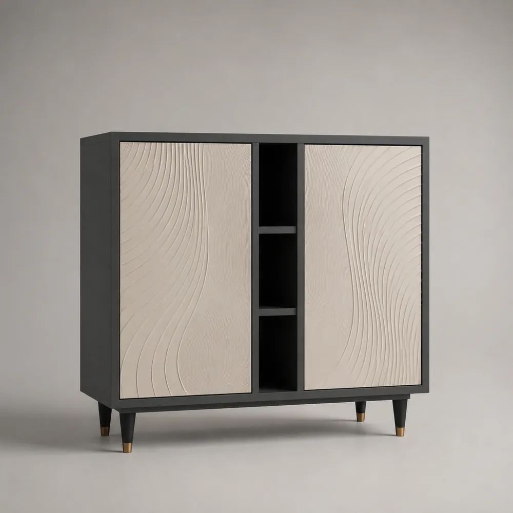 Sideboard mit 2 Türen und 3 offenen Fächern, MDF und Metall, Anthrazit/Beige, 120 × 40 × 100 cm