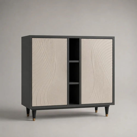 Sideboard mit 2 Türen und 3 offenen Fächern, MDF und Metall, Anthrazit/Beige, 120 × 40 × 100 cm