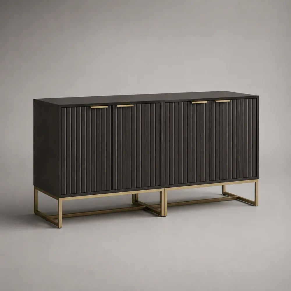 Rechteckiges Sideboard mit 4 Türen aus MDF und Stahl, Schwarz/Messingfarben, 160 × 40 × 80 cm