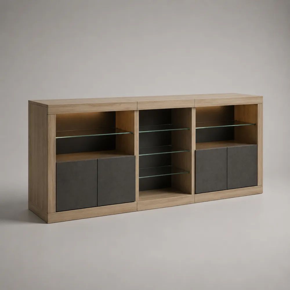 Sideboard mit LED-Beleuchtung aus MDF und Spanplatte, 5 Glasböden, Eichefarben/Anthrazit, 200 × 42 × 90 cm
